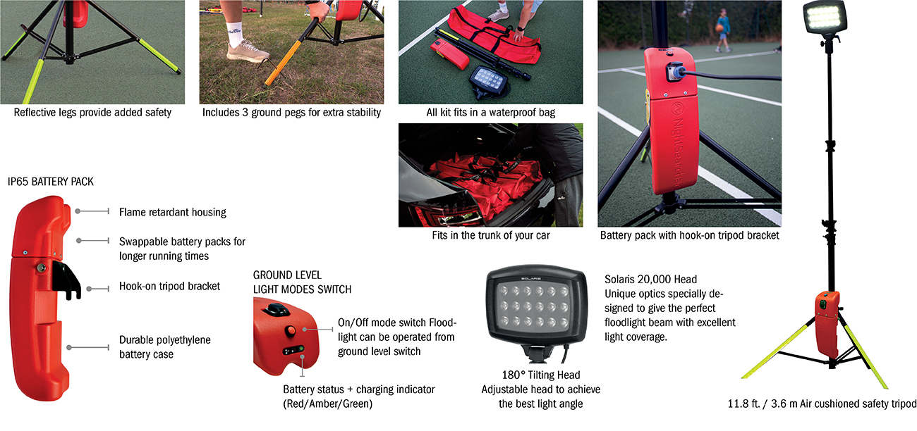 Supplied with a light head, tripod, battery pack, 3 stability ground pegs, weatherproof bag, AC Charger, and shoulder strap, choose SportStar as your go anywhere light