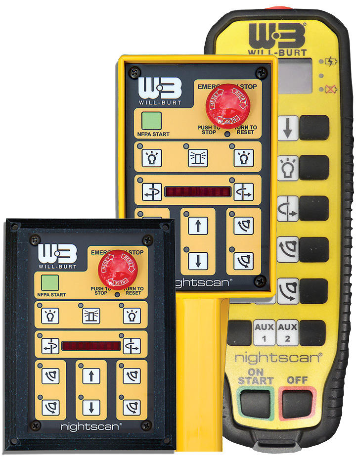 Will-Burt offers wired and wireless full-function, simple-to-use remote controls. Designed for rugged environments and gloved hands, they can withstand the harshest weather and operating conditions. All controllers have an emergency stop button for immediate reaction to unexpected situations. All controllers have a one button auto-deploy and auto-stow function to simplify tower operation and they also include a digital display for status feedback. Choose from our handheld tethered models or a panel-mount version. A full-function, wireless / rechargeable remote-control system with 300’ range is available for all Night Scan models. The wireless remote can also be paired with an optional tethered remote control for the ultimate in flexibility and peace of mind operation.